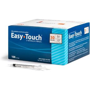 EasyTouch U-100 Insulin Syringe with Needle, 30G 1cc 1/2-Inch (12.7mm), Box of 100