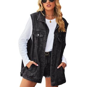 Bozanly Oversized Denim Vest for Women Vintage Distressed Button Down Sleeveless Jean Vest Jackets