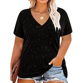CARCOS Womens Plus Size Tops Basic Summer Shirts Short Sleeve V Neck Tunics Casual T-Shirt Loose Fits XL-5XL