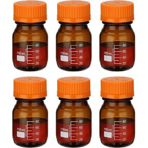 PATIKIL 6 Pack Reagent Media Storage Bottles, 50ml Borosilicate Glass Graduated Round Bottles with GL32 Blue Screw Cap for Lab Water Reagent Liquids, Amber