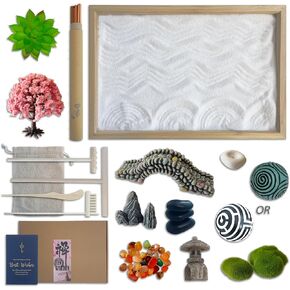 Threeheng Mini Japanese Zen Sand Garden Kit for Desk, Muti-Functional Sand Tray Therapy Kit with Bamboo Tray - Includes Sand Ball Insense Holder Crystals and More for Meditation, Gifts (Bamboo)