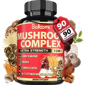 Satoomi 10in1 Mushroom Supplement Complex - Lions Mane, Cordyceps, Reishi, Chaga - Lions Mane Supplement - 3-Month Supply