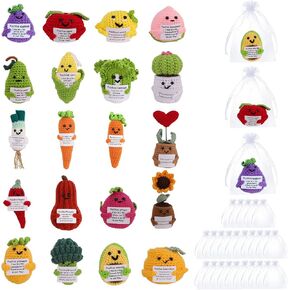 20 Pcs Funny Mini Positive Vegetables Bulk Handmade Emotional Support Pickled Cucumber with 25 Pcs Organza Gift Bags Cute Furit Knitting Doll Crochet Corn with Positive Card