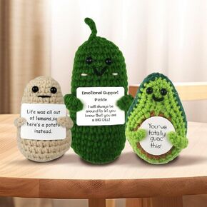Funny Positive Potato Emotional Support Gag Gifts with Positive Card, Mini Knitted Cute Crochet Dolls for Friends, Parties, Birthdays, Christmas(Potato Pickle Avocado)