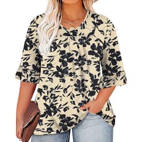 Micoson Womens Plus Size Tops 3/4 Ruffle Sleeve Shirt Casual V Neck Pleated T Shirt Loose Fit Tunic Blouse(1X-5X)