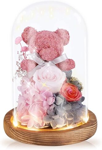 ADDWel Roses Gifts for Women Birthday - Unique Birthday Gifts for Girlfriend Mom Wife Sister Romantic Preserved Pink Rose with Cute Eternal Moss Bear in Glass Dome, Great Presents for Her Anniversary in Saudi Arabia