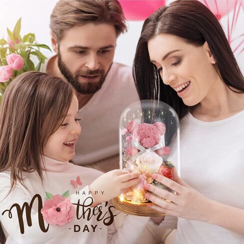ADDWel Roses Gifts for Women Birthday - Unique Birthday Gifts for Girlfriend Mom Wife Sister Romantic Preserved Pink Rose with Cute Eternal Moss Bear in Glass Dome, Great Presents for Her Anniversary in Saudi Arabia