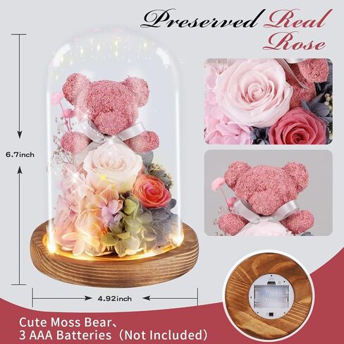 ADDWel Roses Gifts for Women Birthday - Unique Birthday Gifts for Girlfriend Mom Wife Sister Romantic Preserved Pink Rose with Cute Eternal Moss Bear in Glass Dome, Great Presents for Her Anniversary in Saudi Arabia