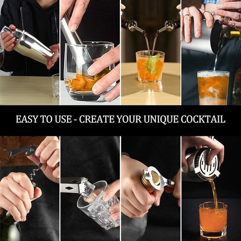 Cocktail Shaker Set Bartender Kit, NICEAO 10-Piece Bar Kit, 25oz Martini Shaker, Mixing Spoon, Double Jigger, Liquor Pourers, Muddler, Strainer and Ice Tongs, Professional Bar Set Tools in Saudi Arabia