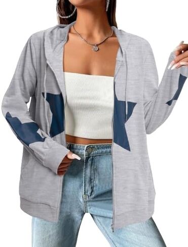 سترة بقلنسوة بسحاب من ALLTB للنساء: سترات بقلنسوة برسومات نجمة Y2k للفتيات المراهقات سترات كاجوال برباط مع جيوب in Kuwait