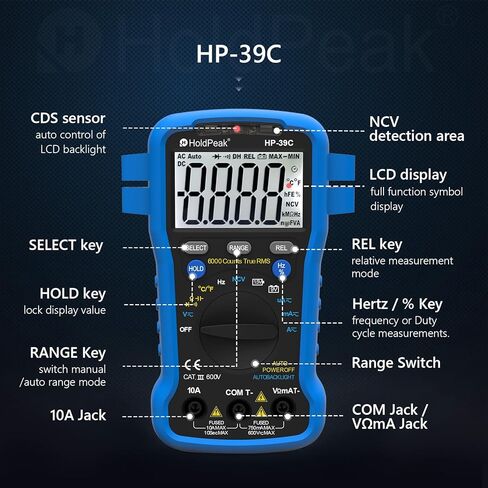 HOLDPEAK جهاز قياس متعدد ومقياس حرارة بالأشعة تحت الحمراء ومجموعة أدوات اختبار، مقياس فولتميتر تيار متردد/تيار مستمر NCV HP-39C جهاز قياس متعدد محمول، سلاسل اختبار، (-50 ~ 550 درجة مئوية) مسدس درجة حرارة ليزر رقمي غير قابل للتلامس، ليس للبشر. in Kuwait