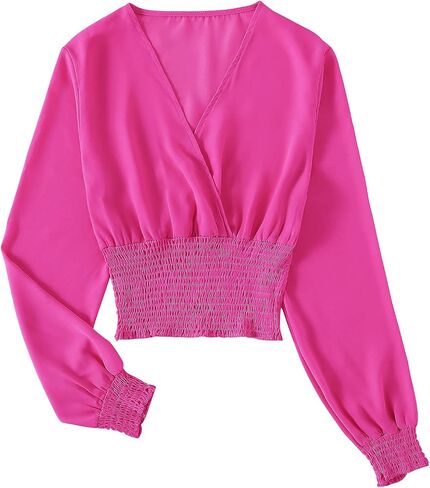 LYANER Women's V Neck Shirred Polka Dots Long Sleeve Frill Crop Blouse Shirt Tops in Saudi Arabia