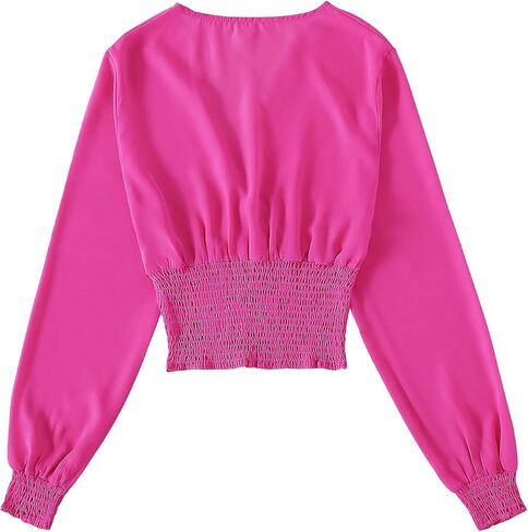 LYANER Women's V Neck Shirred Polka Dots Long Sleeve Frill Crop Blouse Shirt Tops in Saudi Arabia