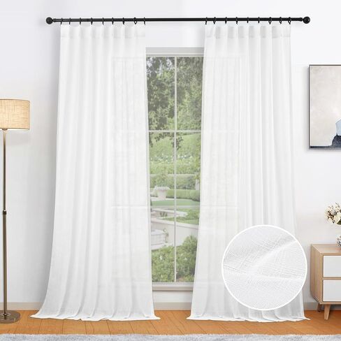 Pinch Pleated Curtains 2 Panels, Linen Textured Semi Sheer Curtain 84 Inches Long Back Tab Light Filtering Voile Window Drapes for Living Room, Bedroom and Farmhouse, 40 Inch x 84 Inch Ivory in Saudi Arabia