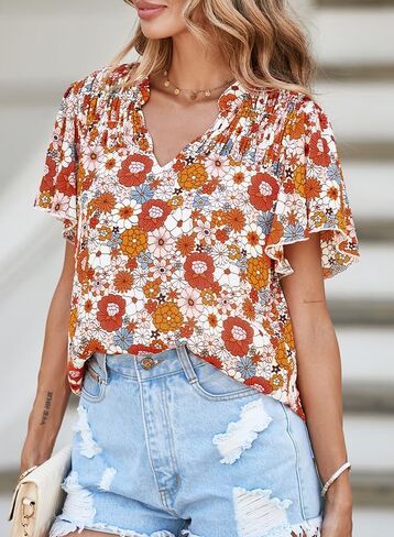 بلوزات SHEWIN نسائية كاجوال برقبة على شكل حرف V وطبعة زهور وأكمام قصيرة من الشيفون وقمصان بوهيمية in Kuwait