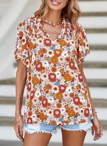 بلوزات SHEWIN نسائية كاجوال برقبة على شكل حرف V وطبعة زهور وأكمام قصيرة من الشيفون وقمصان بوهيمية in Kuwait