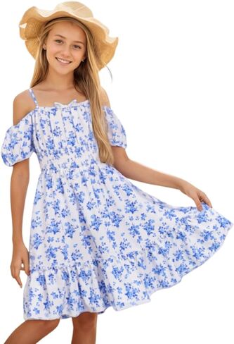 فستان Floerns Girls Boho بأكتاف باردة وأكمام قصيرة وحاشية مكشكشة مزهرة على شكل حرف A in Kuwait