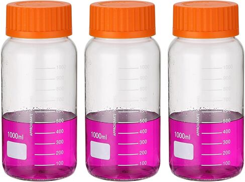 PATIKIL 3 Pack Reagent Media Storage Bottles, 1000ml Borosilicate Glass Wide Mouth Graduated Round Bottles with Orange GL32 Screw Cap for Lab Water Reagent Liquids, Clear in Saudi Arabia