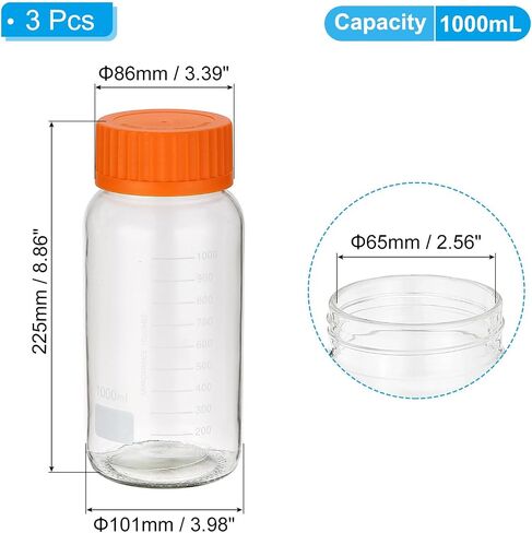 PATIKIL 3 Pack Reagent Media Storage Bottles, 1000ml Borosilicate Glass Wide Mouth Graduated Round Bottles with Orange GL32 Screw Cap for Lab Water Reagent Liquids, Clear in Saudi Arabia