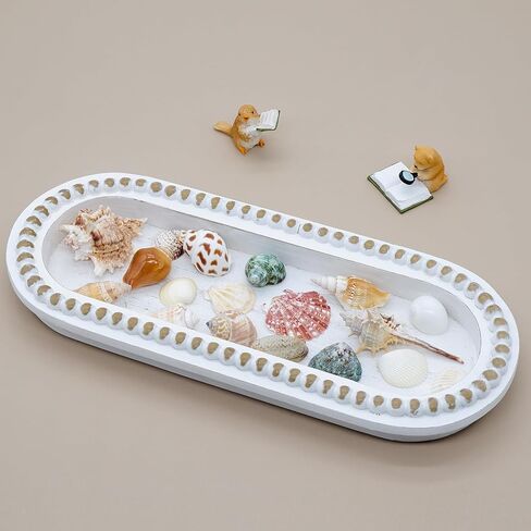 Wood Serving Tray, Wooden Bead Decorative Tray, White Washed Coffee Table Tray for Ottoman, Rustic Distressed Decor for Home, Kitchen, Farmhouse (Natural Wood) in Saudi Arabia