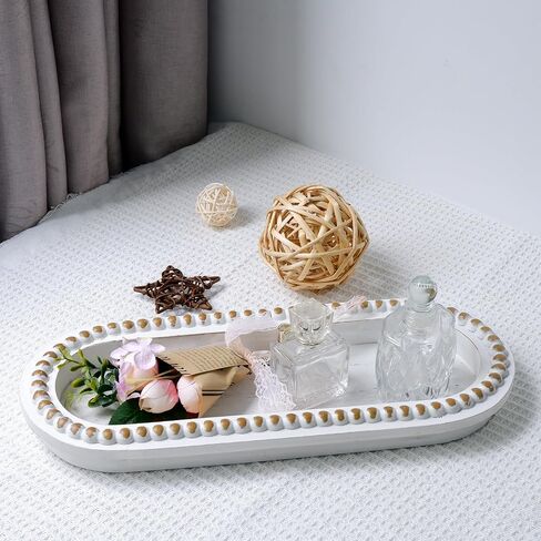 Wood Serving Tray, Wooden Bead Decorative Tray, White Washed Coffee Table Tray for Ottoman, Rustic Distressed Decor for Home, Kitchen, Farmhouse (Natural Wood) in Saudi Arabia