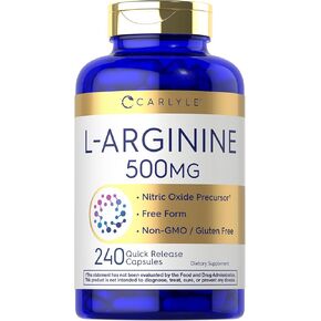 Carlyle L-Arginine 500mg Capsules | 240 Count | Free Form | Non-GMO & Gluten Free Supplement