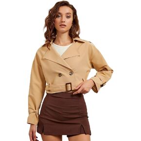 Women's Cropped Jacket Long Sleeve Crop Trench Coat Loose Pea Outwear with Belt, Khaki Color