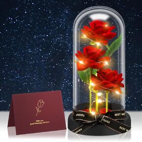 Preserved Roses with Lights and Greeting Card, Eternal Rose,glass flowers in Glass Dome, Christmas, Valentine's Day, Birthday Gift for Mom,girlfriend,Wife（Wooden base，Rainbow Rose）