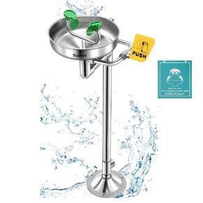 Huanyu Stand Up Eye Wash Station Pedestal Mounted Eyewash Station Adjustable Water Flow Emergency Eye Washing Station Stainless Steel with Eye Wash Sign Factory Applicable 1207-1 Silver
