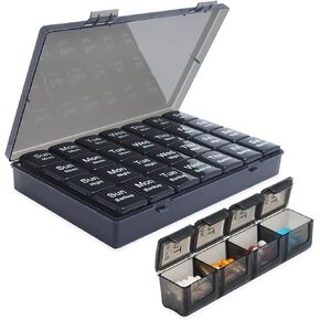 Large weekly pill organizer, 4 times a day, 7-day moisture-proof pill box with 28 compartments, capable of accommodating large amounts of vitamins, supplements, fish oil, and medicine (Gray Rainbow)