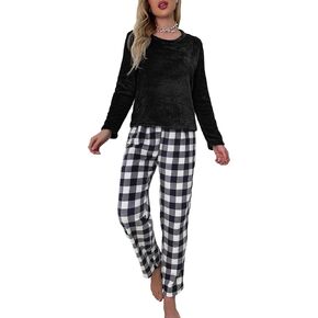 MakeMeChic Women's Fuzzy Lounge Set 2 Piece Pj Buffalo Plaid Flannel Pajamas Pants Sets