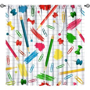 Kids Cartoon Pencil Curtains, Nursery Bedroom Decor Colorful Cute Crayon Funny Art Window Drapes Treatment Fabric for Child Girls Boys Playroom Study Room 42x45in