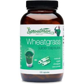 Organic Wheatgrass Juice Powder Capsules by Sproutman - 100% Pure Wheatgrass - Aids Digestion - High in Vitamins, Antioxidants, Chlorophyll, Enzymes, Minerals & Energy (150 Pills)