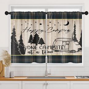 Leaves Plants Boho Kitchen Curtains, Bohemian Mid Century Short Window Curtains Set of 2, Window Treatment Tier Curtains for Kitchen Over Sink Dining Room Decor (26x36 Inch)