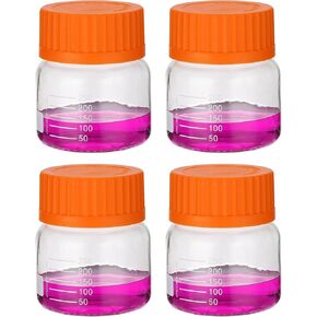 PATIKIL 4 Pack Reagent Media Storage Bottles, 150ml Borosilicate Glass Wide Mouth Graduated Round Bottles with GL32 Blue Screw Cap for Lab Water Reagent Liquids, Clear