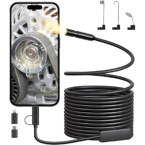 Endoscope Camera with Light, 1920P HD Borescope with 8 Adjustable LED Lights, 16.4ft Semi-Rigid Snake Cable IP67 Waterproof Inspection Camera for iOS and Android