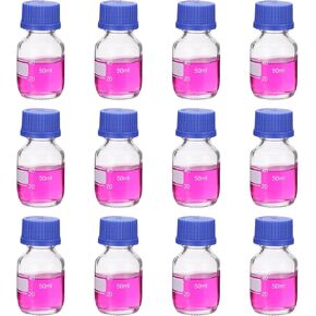 PATIKIL 12 Pack Reagent Media Storage Bottles, 100ml Borosilicate Glass Graduated Round Bottles with GL32 Yellow Screw Cap for Lab Water Reagent Liquids, Clear