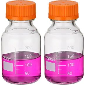 PATIKIL 2 Pack Reagent Media Storage Bottles, 100ml Borosilicate Glass Graduated Round Bottles with Orange GL32 Screw Cap for Lab Water Reagent Liquids, Clear
