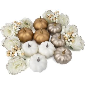 Fake Pumpkins, 21 Pcs White Artificial Pumpkins, Plastic Pumpkin Berries Rose Artificial Flowers Fall Decoration Kit for Thanksgiving Halloween Table Decoration