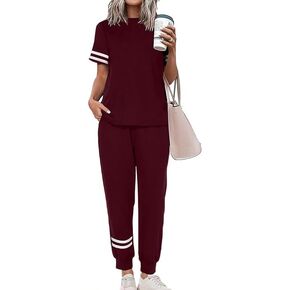 Remxi Womens Casual Sweatsuit Two Piece Outfits Short Sleeve Pullover with Drawstring Long Pants Tracksuit Lounge Jogger Sets