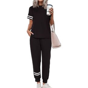 Remxi Womens Casual Sweatsuit Two Piece Outfits Short Sleeve Pullover with Drawstring Long Pants Tracksuit Lounge Jogger Sets