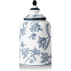 Blue and White Ginger Jar for Home Decor, Chinoiserie Vase Decor, Ceramic Decorative Jars with Lid, 10x5 Inch, Flower