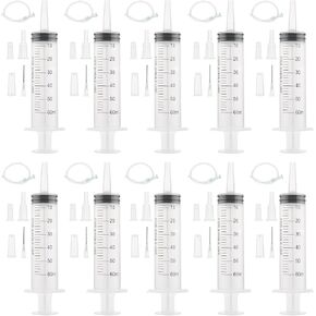 10 Pack 60ml Syringes with 11.4in Tube, Reusable Plastic Syringe with Tubing for Glue Dispensing, Scientific Labs, Watering, Refilling,Pet feeding, Multiple Uses