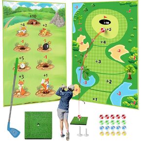 Golf Chipping Game with Golf Club, Double Sided Golf Training Mat with 20 Sticky Balls, Chipping Golf Practice Mat Indoor Outdoor Adult Family Kids Games - Mini Golf Games for Home and Office