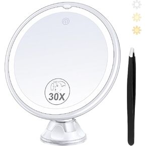 Magnifying Mirror with Light 30X, Lighted Makeup Mirror 30X for Precision Makeup, 3 Color Modes and Adjustable Brightness, 360° Swivel Magnifying Mirror Suction Cup for Bathroom Mirrors 8 Inches