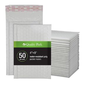 Quality Park Bubble Mailers, 4 x 8 Shipping Envelopes, Self-Seal, Durable White Padded Envelopes, Redi-Strip Peel Off Closure, 50 Per Box (QUA85929)