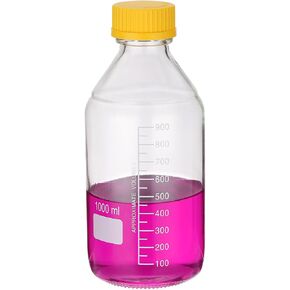 PATIKIL 1 Pack Reagent Media Storage Bottles, 1000ml Borosilicate Glass Graduated Round Bottles with GL32 Green Screw Cap for Lab Water Reagent Liquids, Clear