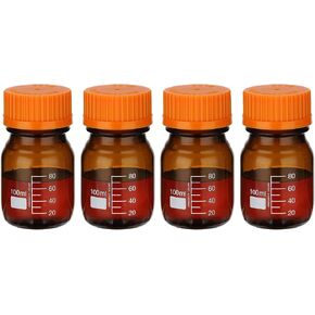 PATIKIL 4 Pack Reagent Media Storage Bottles, 100ml Borosilicate Glass Graduated Round Bottles with Orange GL32 Screw Cap for Lab Water Reagent Liquids, Amber