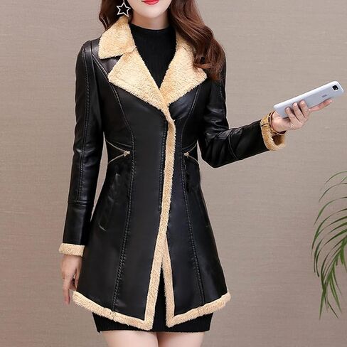 Mac Taf Women’s Genuine Sheepskin Sherpa Shearling Faux Fur Lined Warm Casual Single Breasted Trench Leather Coat Jacket in Saudi Arabia