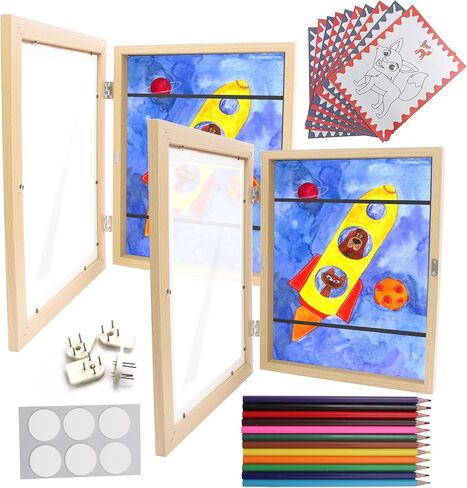 إطار فني للأطفال أبيض قطعتين - إطارات عمل فنية للأطفال مقاس 8.5 × 11 بوصة مع أقلام ملونة وورق رسم - إطارات عمل فنية قابلة للتغيير مثبتة على الحائط للأطفال عموديًا وأفقيًا - تحمل 50 رسمًا وحرفًا ثلاثية الأبعاد. in Kuwait